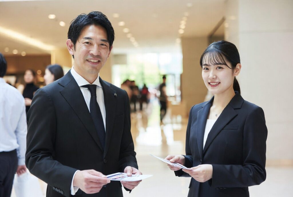 イベント会社・株式会社East Shipは関東の東京/世田谷と関西/京都を中心にイベントを一貫して運営。商業施設でスタッフ勤務しているスーツの男性スタッフとスーツの女性スタッフ